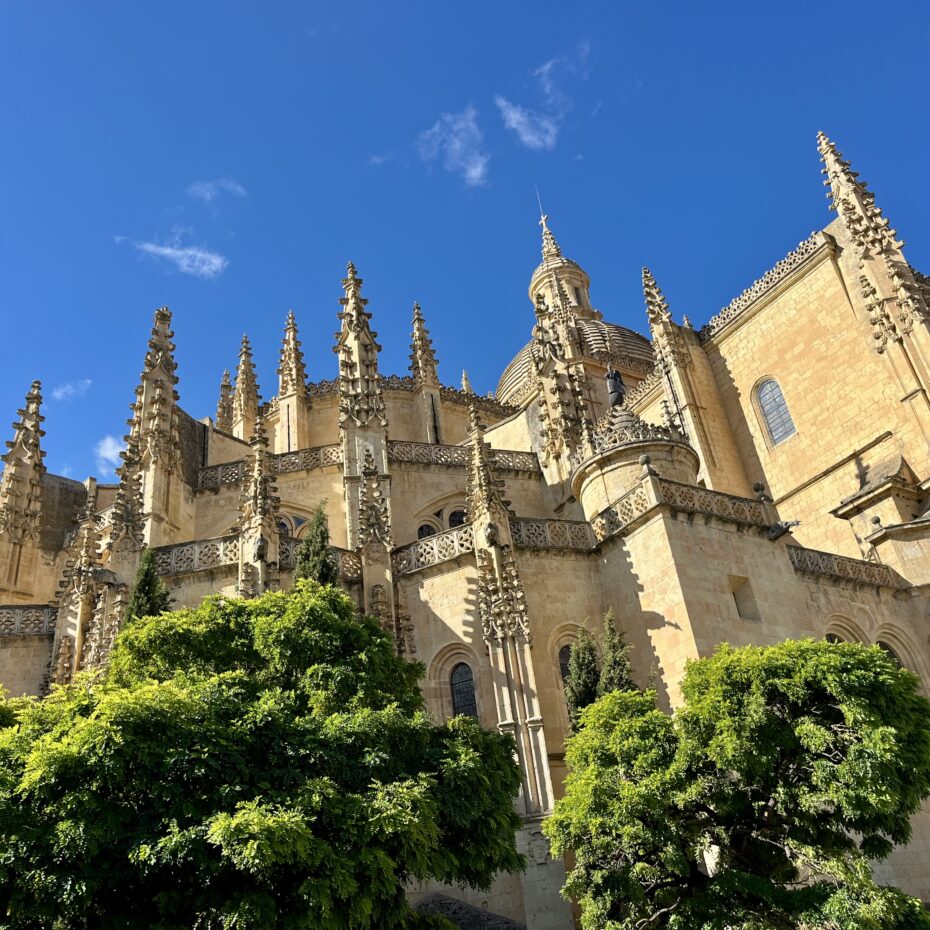 Blick von außen schräg hinauf auf die Apsis aus leuchtend gelbem Sandstein, mit verspielten Türmchen und kleinen Fenstern, Ein paar Bäume davor im Anschnitt